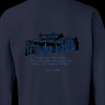 Sonoma Rebel navy blue crewneck sweatshirt with a graphic of a large house and text quote from Jack London.
