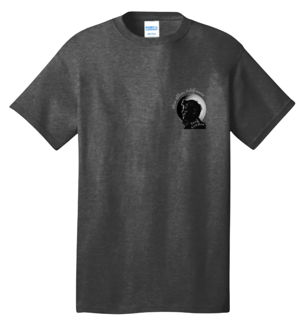 Sonoma Rebel dark grey 100% cotton unisex t-shirt with a small graphic of Jack London's profile and "Glen Ellen, California" text.
