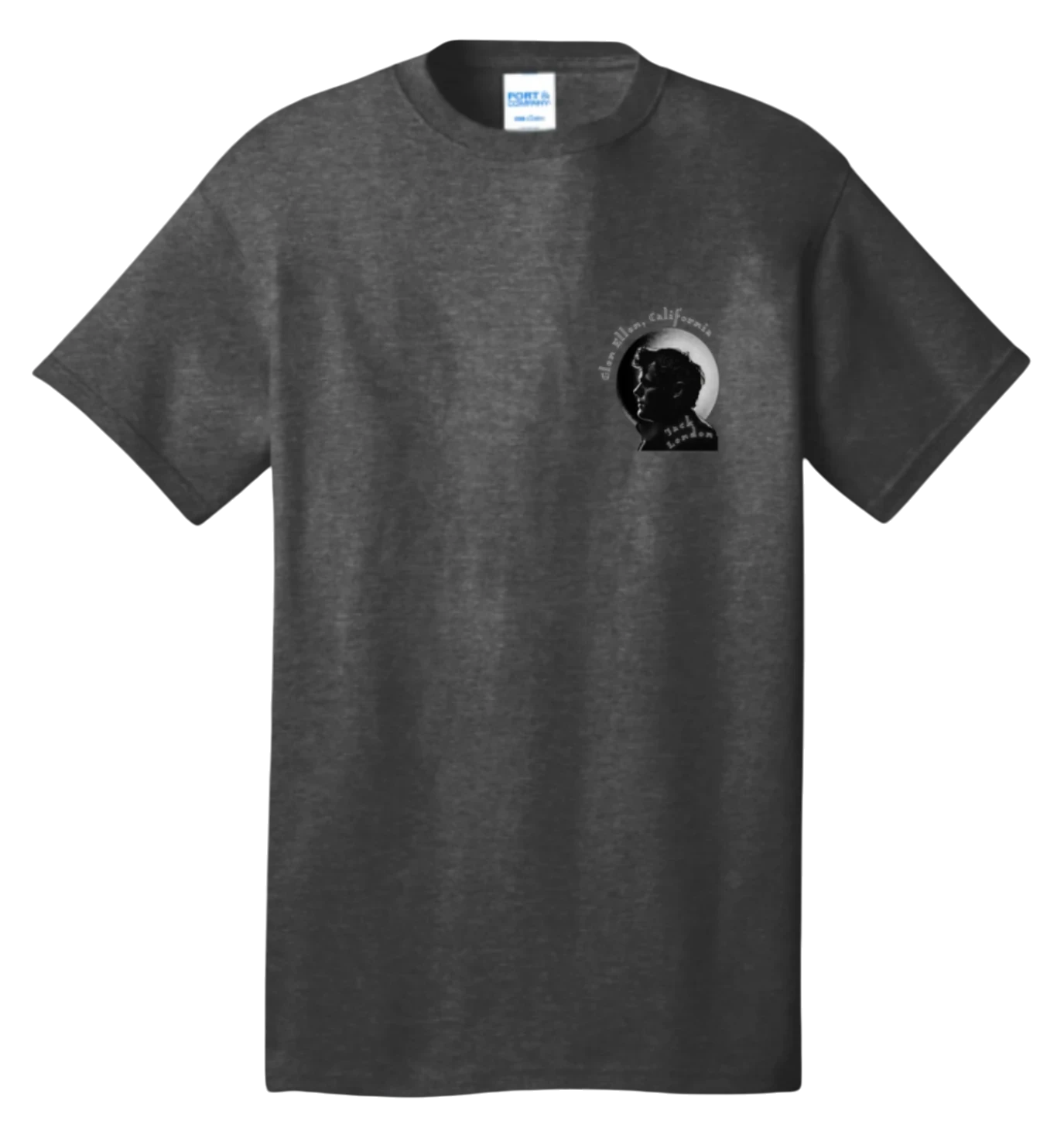 Sonoma Rebel dark grey 100% cotton unisex t-shirt with a small graphic of Jack London's profile and "Glen Ellen, California" text.