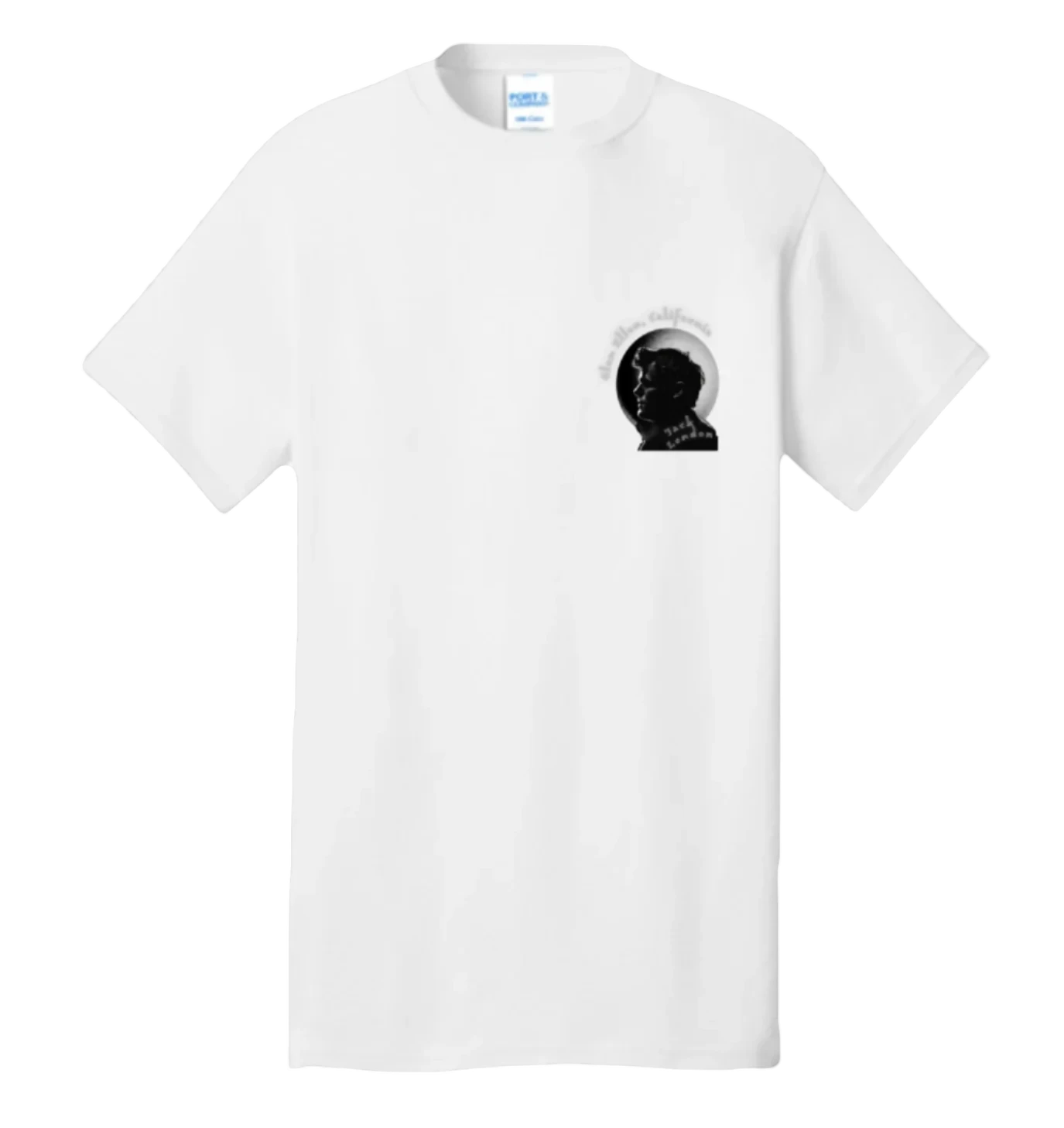 Sonoma Rebel white 100% cotton unisex t-shirt with a small black and white graphic of Jack London and text.
