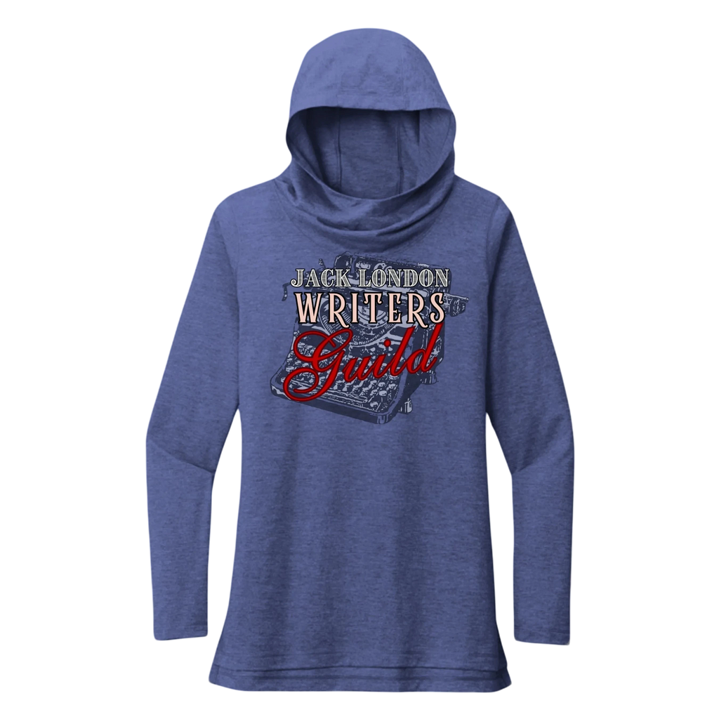 Sonoma Rebel Jack London Writers Guild heathered blue tri-blend long sleeve cowl neck hoodie with typewriter graphic.