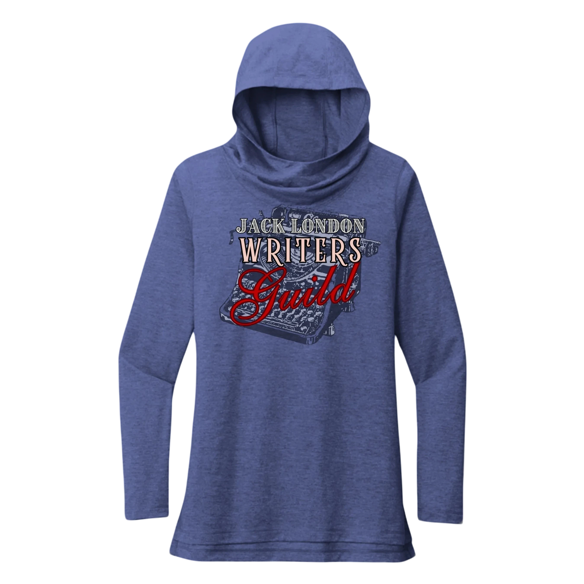Sonoma Rebel Jack London Writers Guild heathered blue tri-blend long sleeve cowl neck hoodie with typewriter graphic.