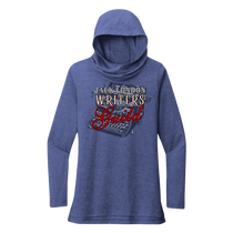 Sonoma Rebel Jack London Writers Guild heathered blue tri-blend long sleeve cowl neck hoodie with typewriter graphic.