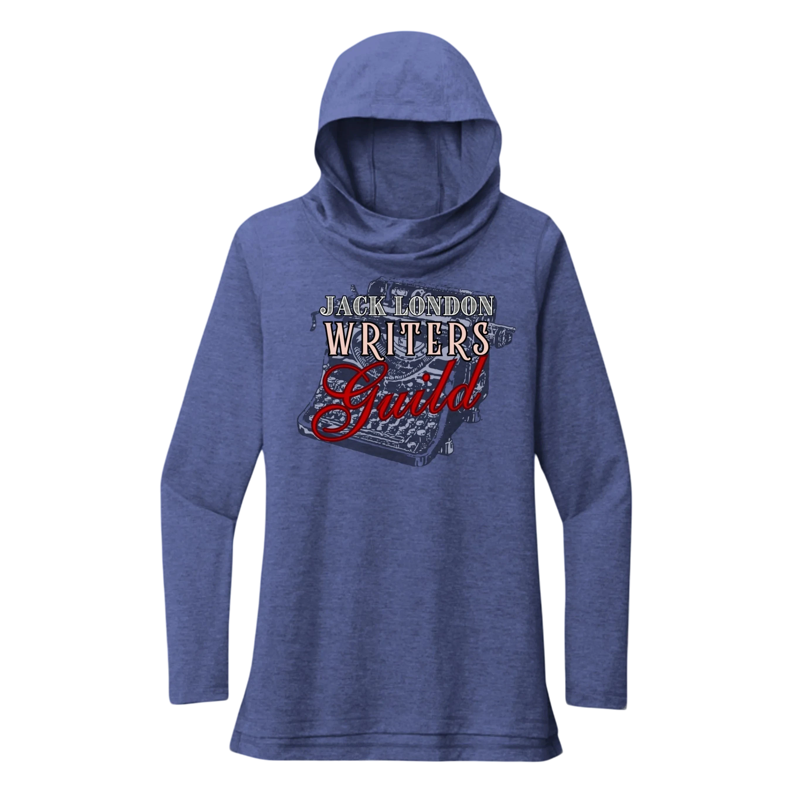 Sonoma Rebel Jack London Writers Guild heathered blue tri-blend long sleeve cowl neck hoodie with typewriter graphic.