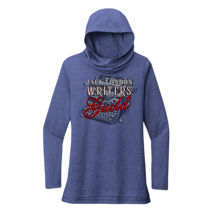 Sonoma Rebel Jack London Writers Guild heathered blue tri-blend long sleeve cowl neck hoodie with typewriter graphic.