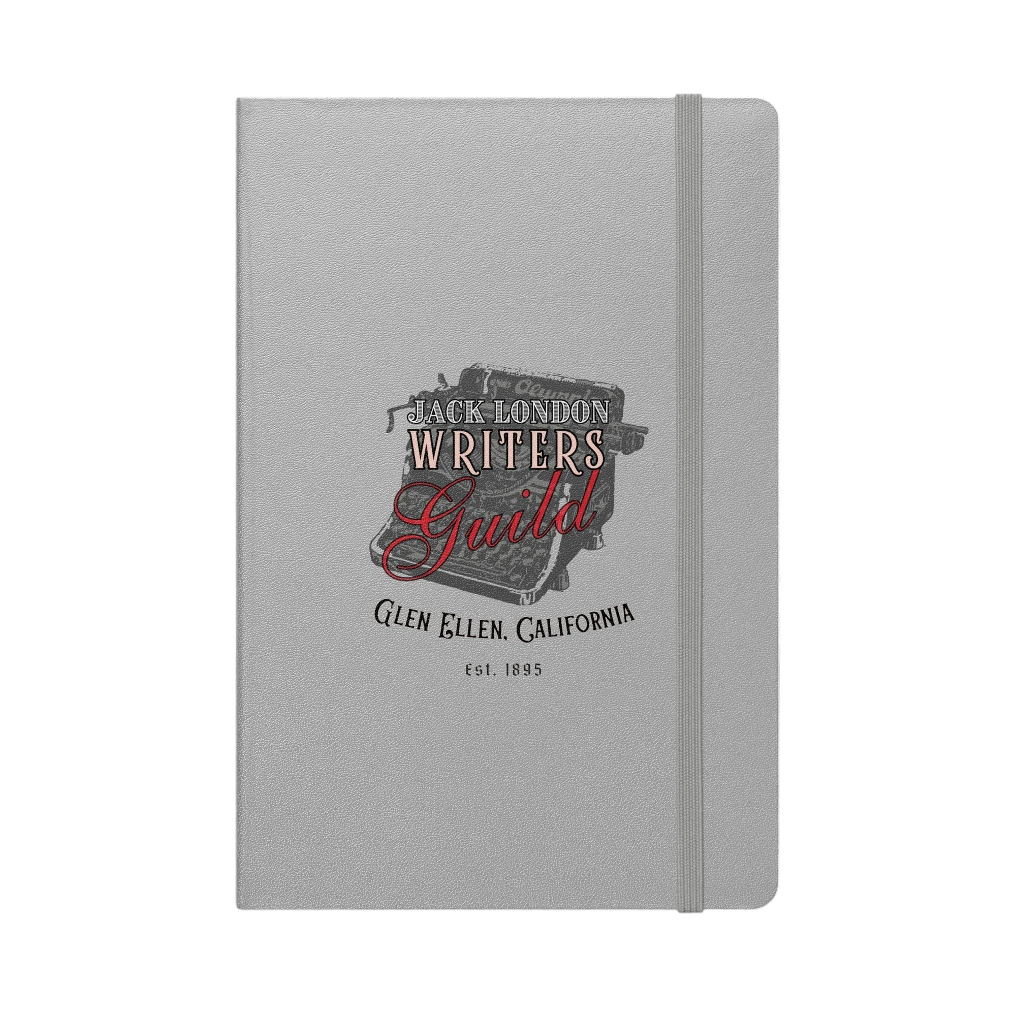 Sonoma Rebel Jack London Writers Guild notebook with a vintage typewriter graphic and elastic closure. Grey hardcover.