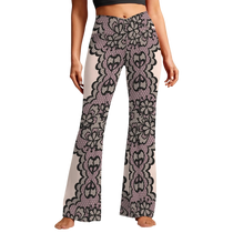 Sonoma Rebel women's high waist flare leggings in a lace print. The leggings are light pink with black lace overlay and a crossover waistband.