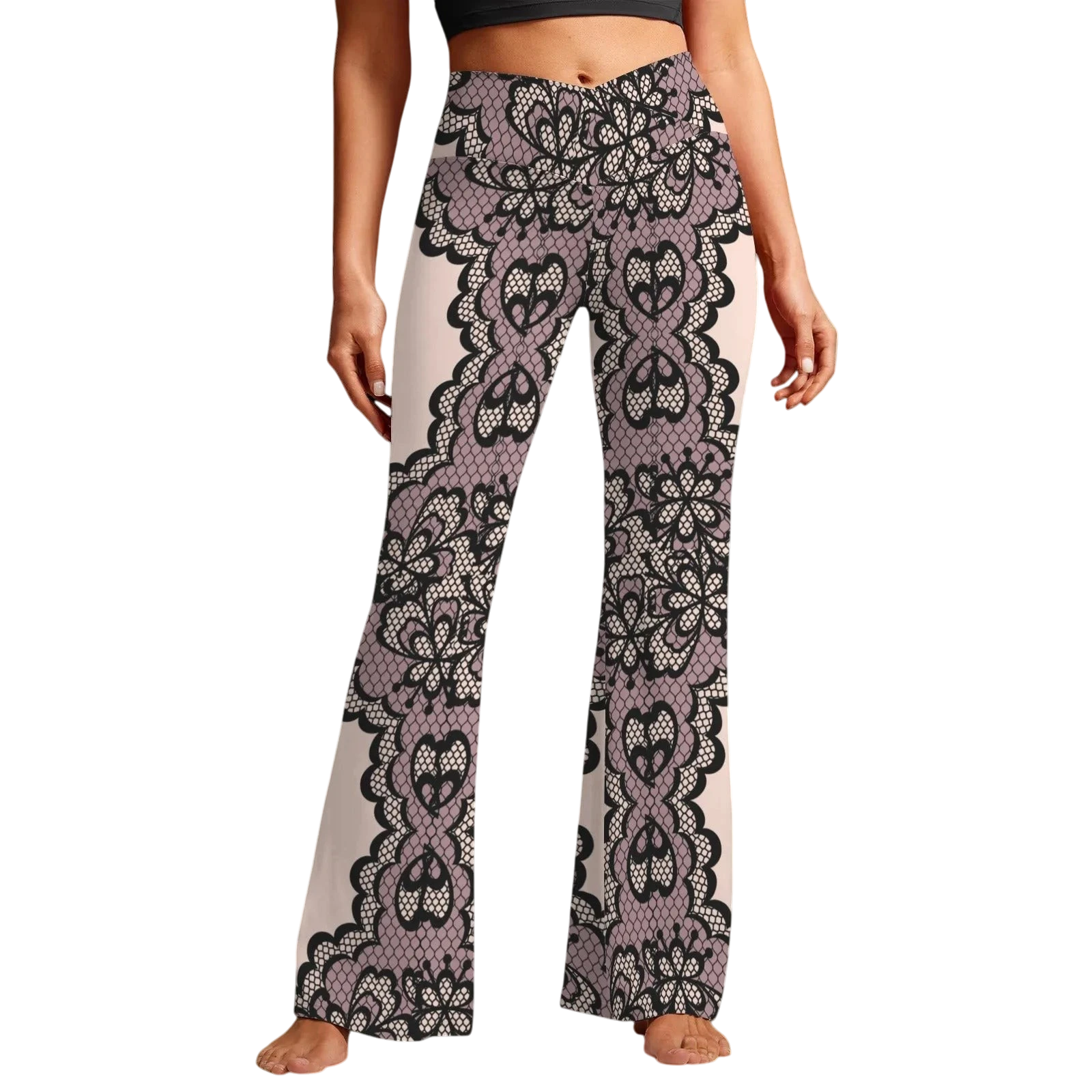 Sonoma Rebel women's high waist flare leggings in a lace print. The leggings are light pink with black lace overlay and a crossover waistband.