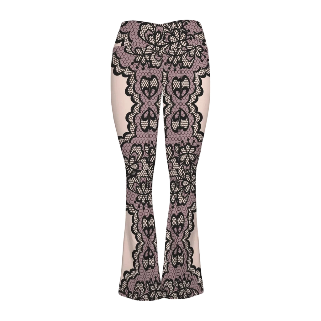 Sonoma Rebel women's high-waist flare leggings in blush pink with black lace print and a stretchy polyester-spandex blend.