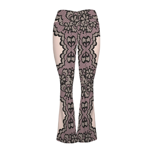 Sonoma Rebel women's high-waist flare leggings in blush pink with black lace print and a stretchy polyester-spandex blend.