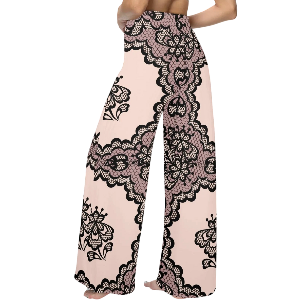 Sonoma Rebel light pink wide leg lounge pants with black lace print and high waist. Comfortable, relaxed fit for sleep or lounging. Main image