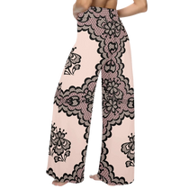Sonoma Rebel light pink wide leg lounge pants with black lace print and high waist. Comfortable, relaxed fit for sleep or lounging.