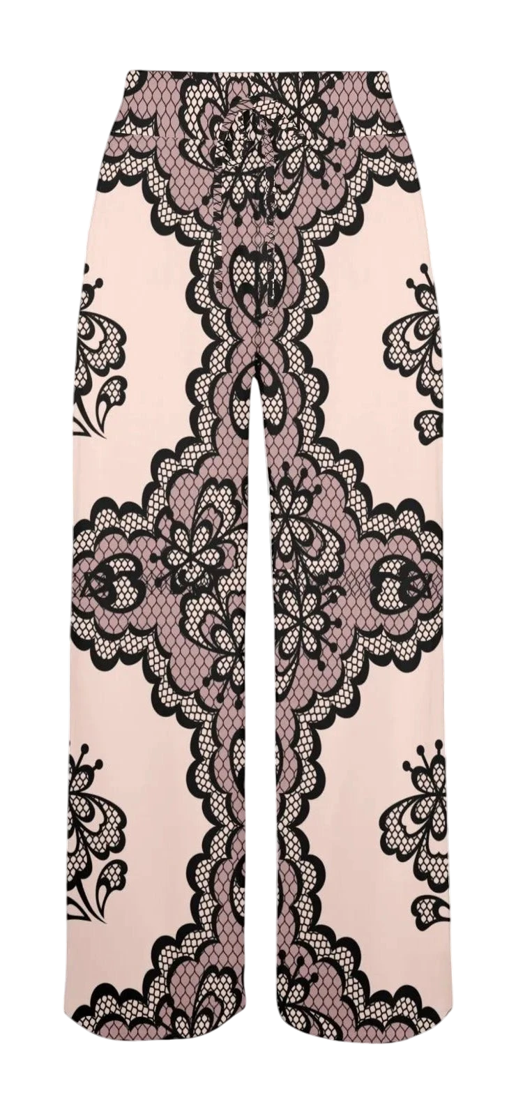 Sonoma Rebel women's wide leg lounge pants in pale pink with black lace print and scalloped trim.