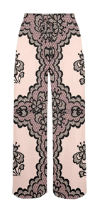 Sonoma Rebel women's wide leg lounge pants in pale pink with black lace print and scalloped trim.