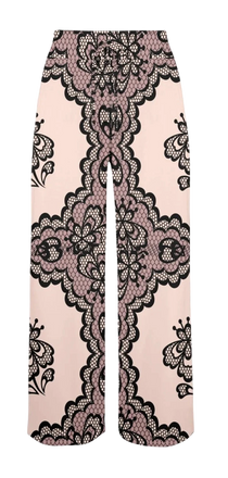 Sonoma Rebel women's wide leg lounge pants in pale pink with black lace print and scalloped trim.
