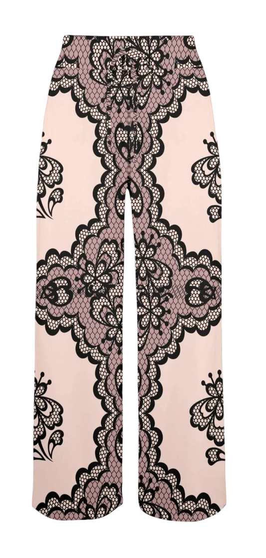 Sonoma Rebel women's wide leg lounge pants in pale pink with black lace print and scalloped trim.
