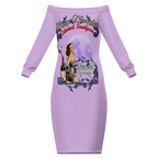 Sonoma Rebel lavender off-the-shoulder bodycon midi dress with vintage pinup graphic and wine bottle. Polyester fabric.