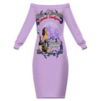 Sonoma Rebel lavender off-the-shoulder bodycon midi dress with vintage pinup graphic and wine bottle. Polyester fabric.