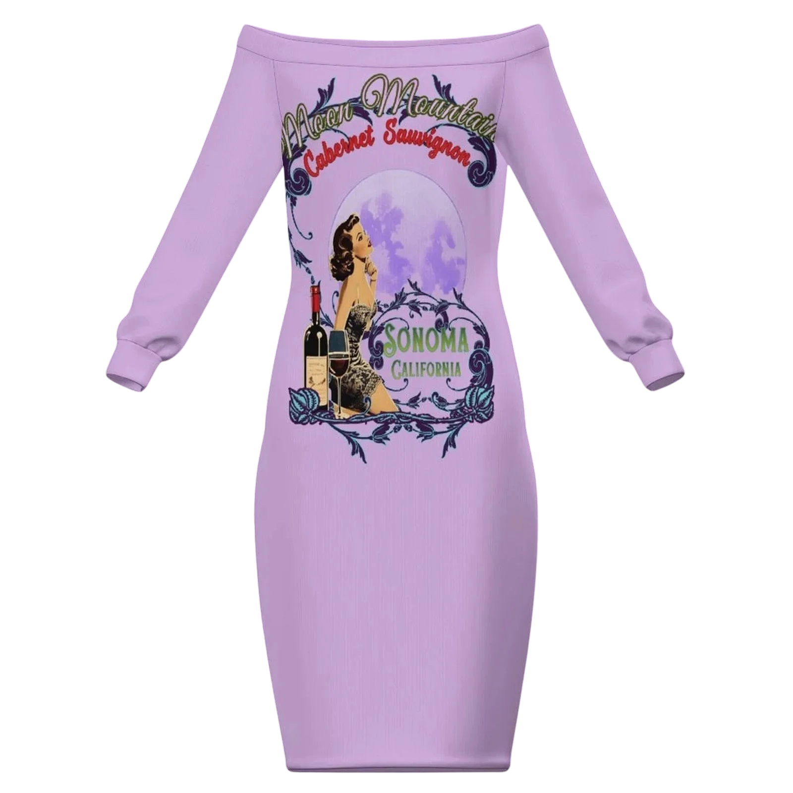 Sonoma Rebel lavender off-the-shoulder bodycon midi dress with vintage pinup graphic and wine bottle. Polyester fabric.