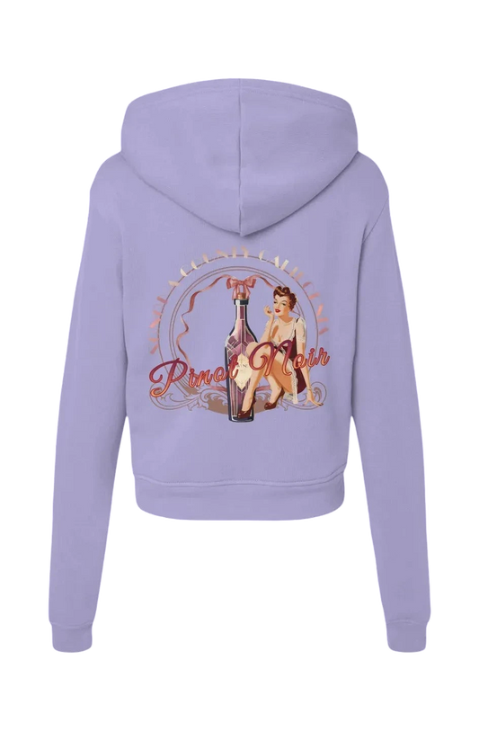 Sonoma Rebel women's classic lilac hoodie with a pinup girl and Pinot Noir bottle graphic on the back.