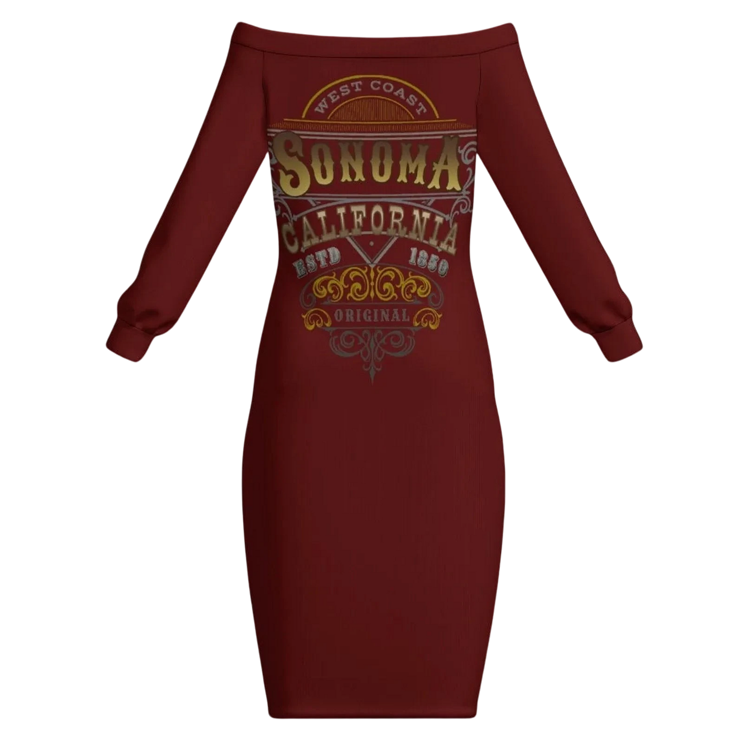 Sonoma Rebel wine country off-the-shoulder dress in maroon with