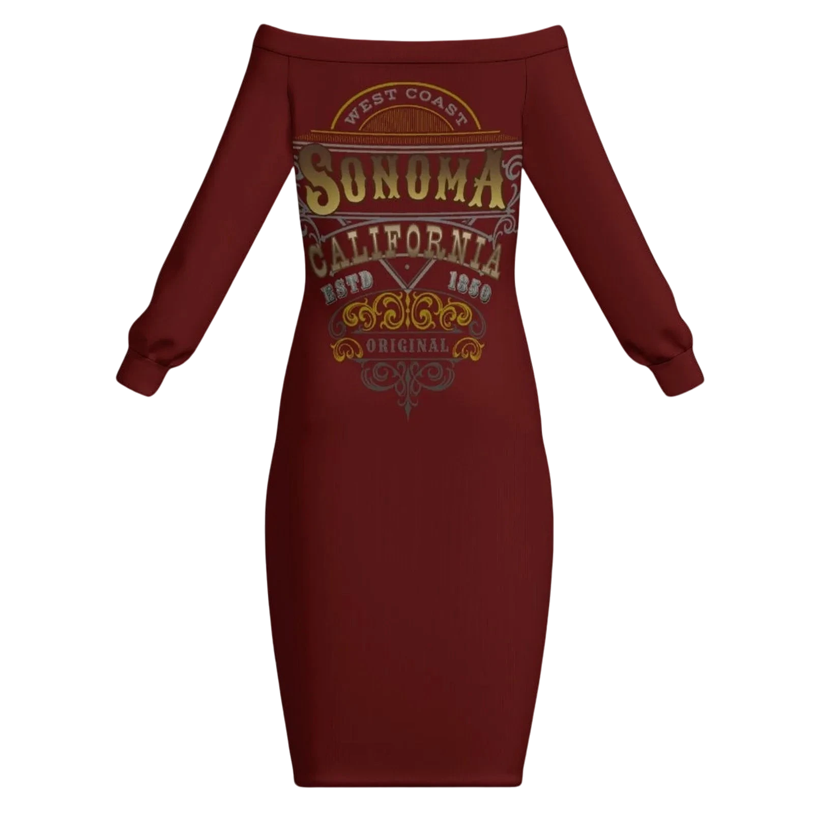 Sonoma Rebel wine country off-the-shoulder dress in maroon with