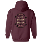 Sonoma Rebel maroon hoodie with Jack London Saloon emblem graphic on back. Double-lined hood and drawcord.
