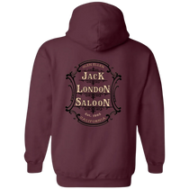 Sonoma Rebel maroon hoodie with Jack London Saloon emblem graphic on back. Double-lined hood and drawcord.