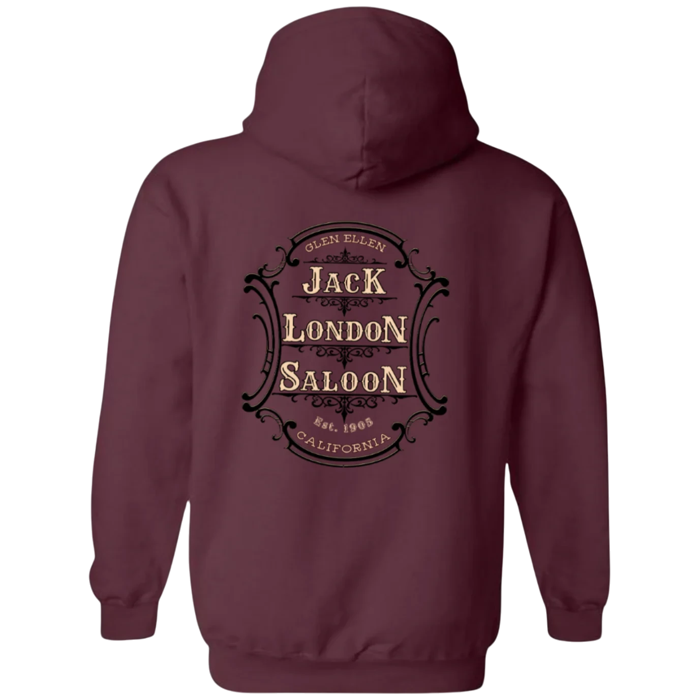 Sonoma Rebel maroon hoodie with Jack London Saloon emblem graphic on back. Double-lined hood and drawcord.