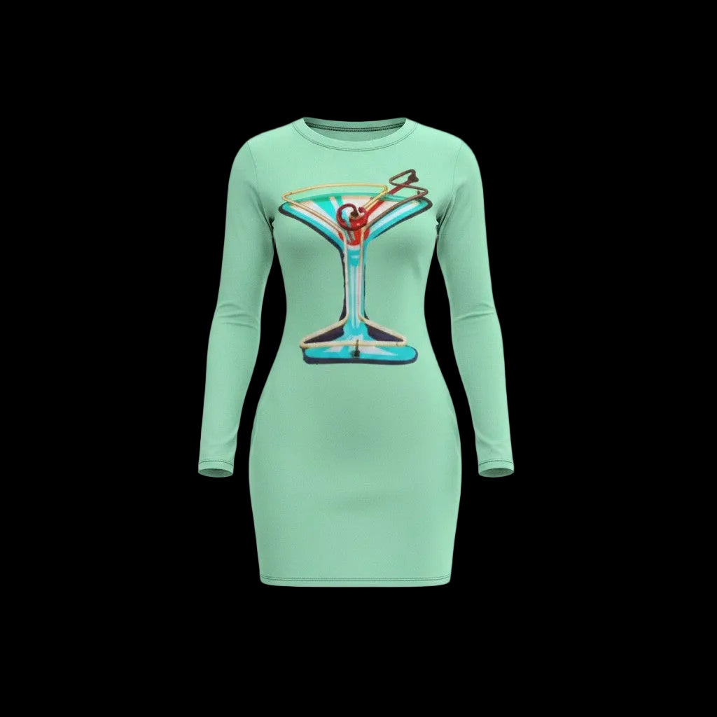 Sonoma Rebel women's long sleeve mint green mini dress with martini graphic print, round neck, above-the-knee length.