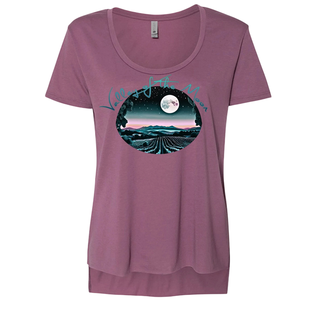 Sonoma Rebel women's mauve scoop neck t-shirt with a graphic print of a vineyard under a full moon.