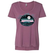 Sonoma Rebel women's mauve scoop neck t-shirt with a graphic print of a vineyard under a full moon.