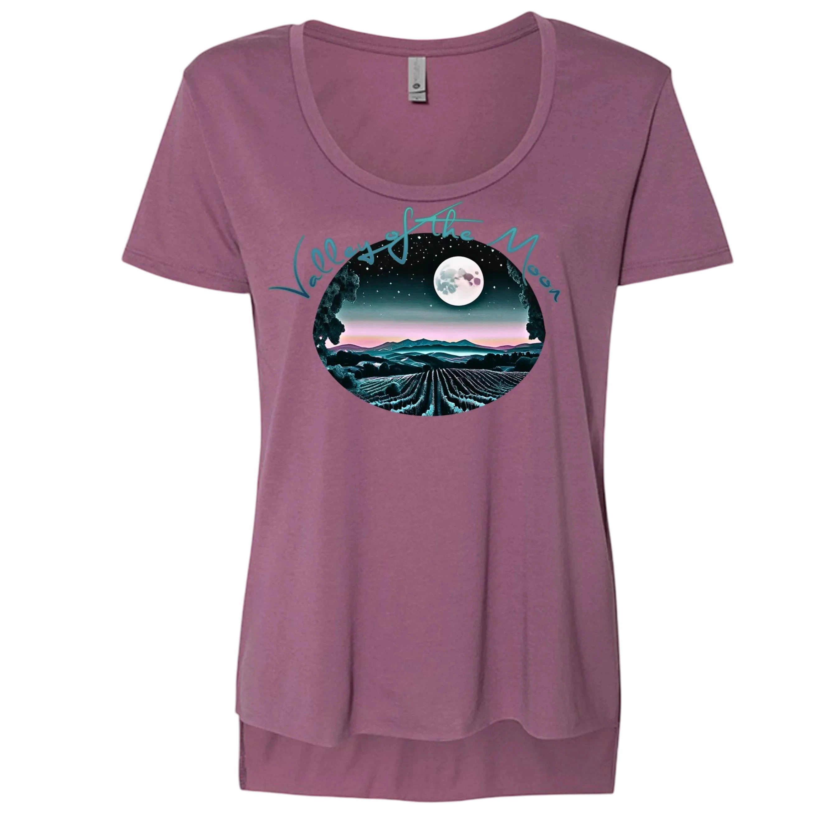 Sonoma Rebel women's mauve scoop neck t-shirt with a graphic print of a vineyard under a full moon.