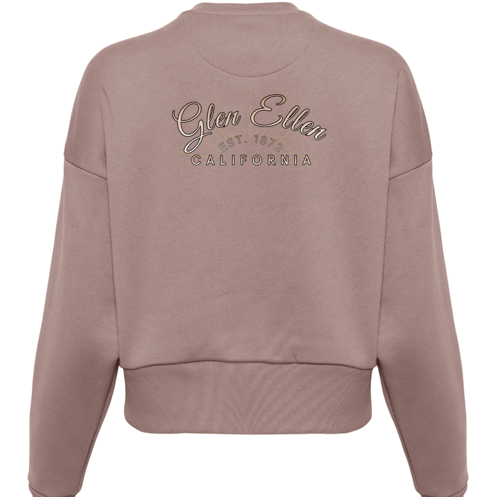 Sonoma Rebel Valley of the Moon Glam oversized sweatshirt in mauve, featuring embroidered Glen Ellen California text on the back.