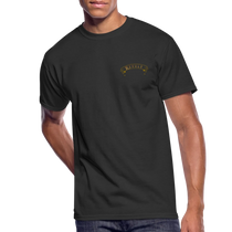 Sonoma Rebel Men’s 50/50 T-Shirt in black, made from a 50% cotton/50% polyester blend with a small gold banner logo on the chest.