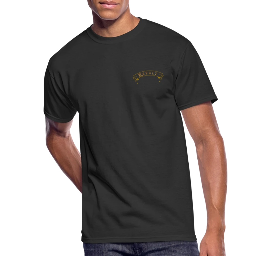 Sonoma Rebel Men’s 50/50 T-Shirt in black, made from a 50% cotton/50% polyester blend with a small gold banner logo on the chest.