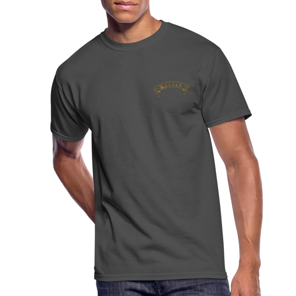Sonoma Rebel Men’s 50/50 T-Shirt in charcoal gray, made of 50% cotton/50% polyester blend with a small gold banner logo on the chest.