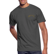 Sonoma Rebel Men’s 50/50 T-Shirt in charcoal gray, made of 50% cotton/50% polyester blend with a small gold banner logo on the chest.