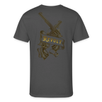 Sonoma Rebel Men’s 50/50 T-Shirt in dark gray with a gold graphic of crossed revolvers and a banner reading REVOLT.