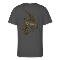 Sonoma Rebel Men’s 50/50 T-Shirt in dark gray with a gold graphic of crossed revolvers and a banner reading REVOLT.