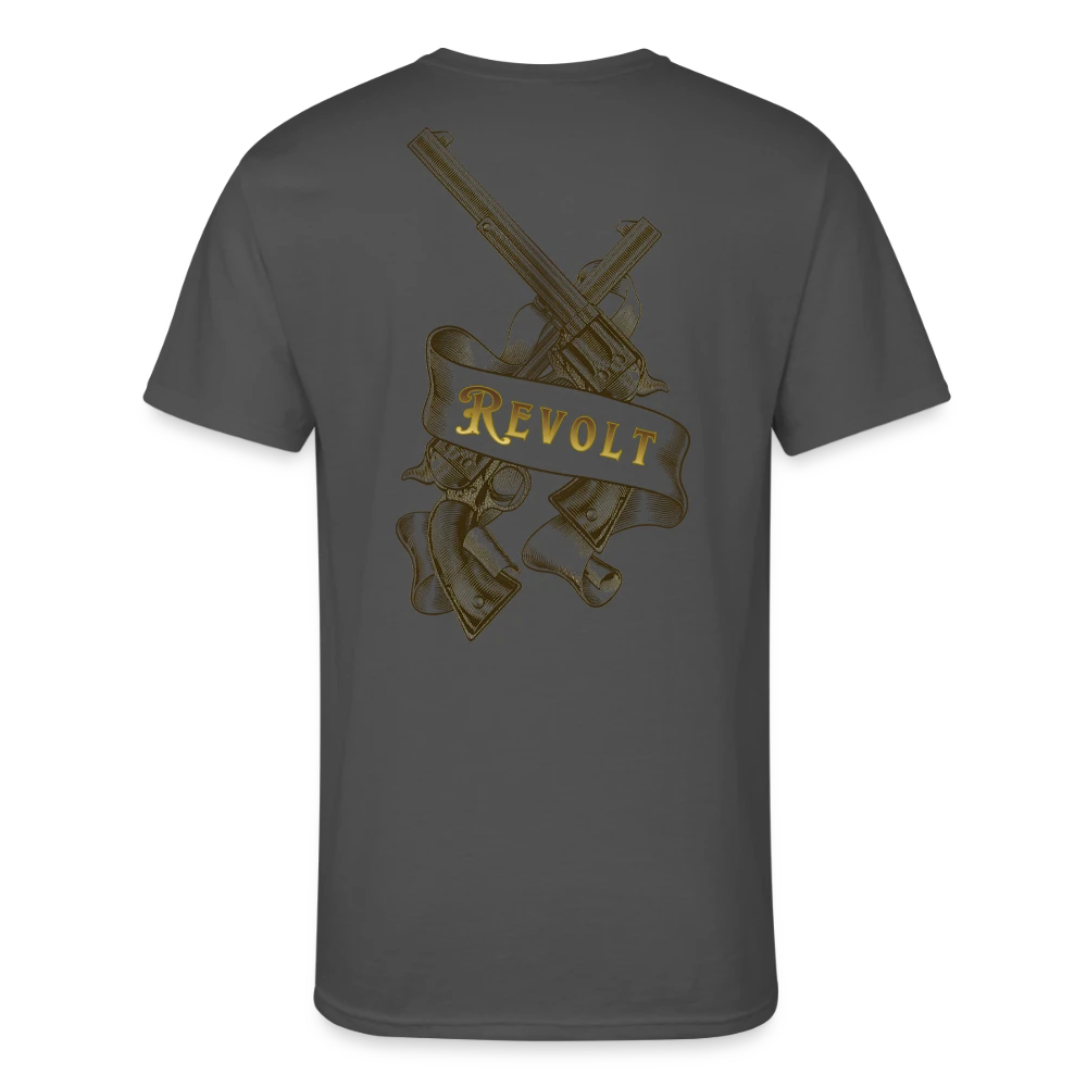 Sonoma Rebel Men’s 50/50 T-Shirt in dark gray with a gold graphic of crossed revolvers and a banner reading REVOLT.