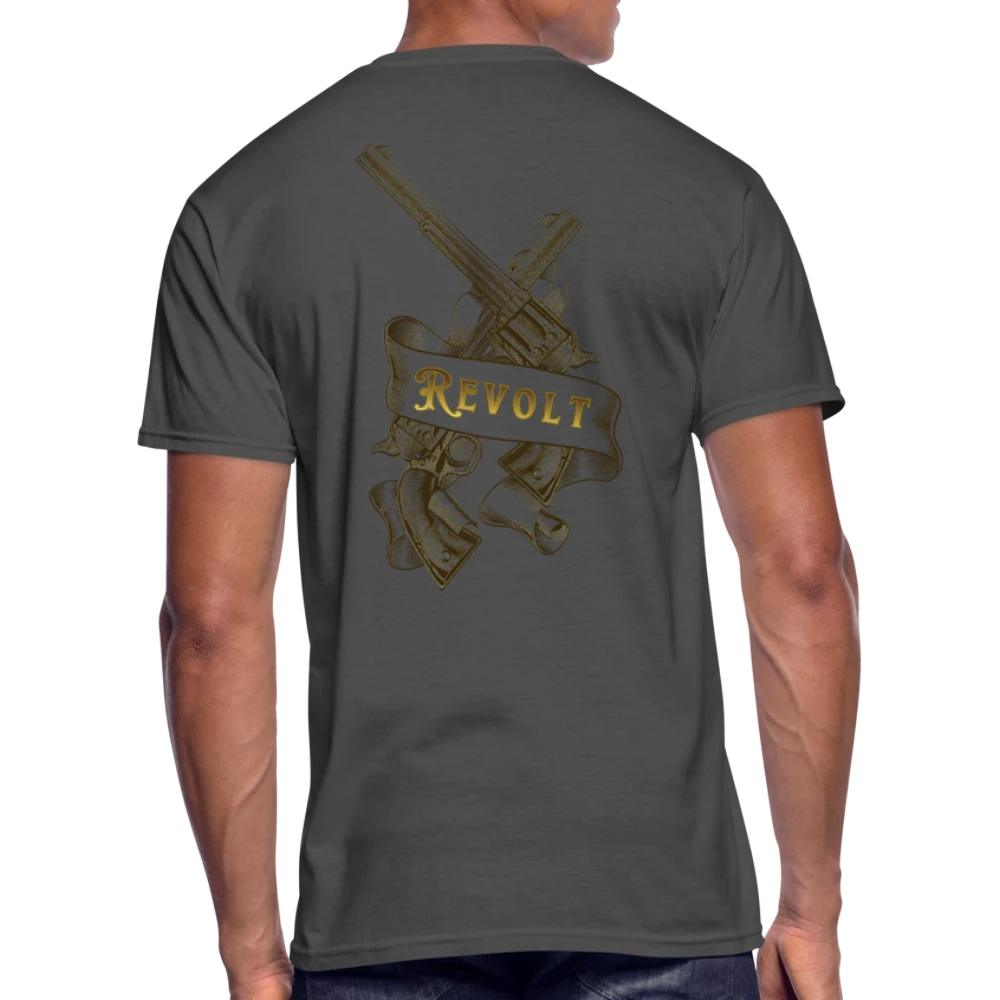 Sonoma Rebel Men's 50/50 T-Shirt in dark gray with a gold graphic of crossed revolvers and a banner reading REVOLT.