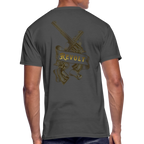 Sonoma Rebel Men's 50/50 T-Shirt in dark gray with a gold graphic of crossed revolvers and a banner reading REVOLT.