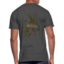 Sonoma Rebel Men's 50/50 T-Shirt in dark gray with a gold graphic of crossed revolvers and a banner reading REVOLT.