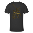 Sonoma Rebel Men’s dark gray 50/50 cotton-polyester t-shirt with gold graphic of crossed revolvers and banner saying REVOLT.