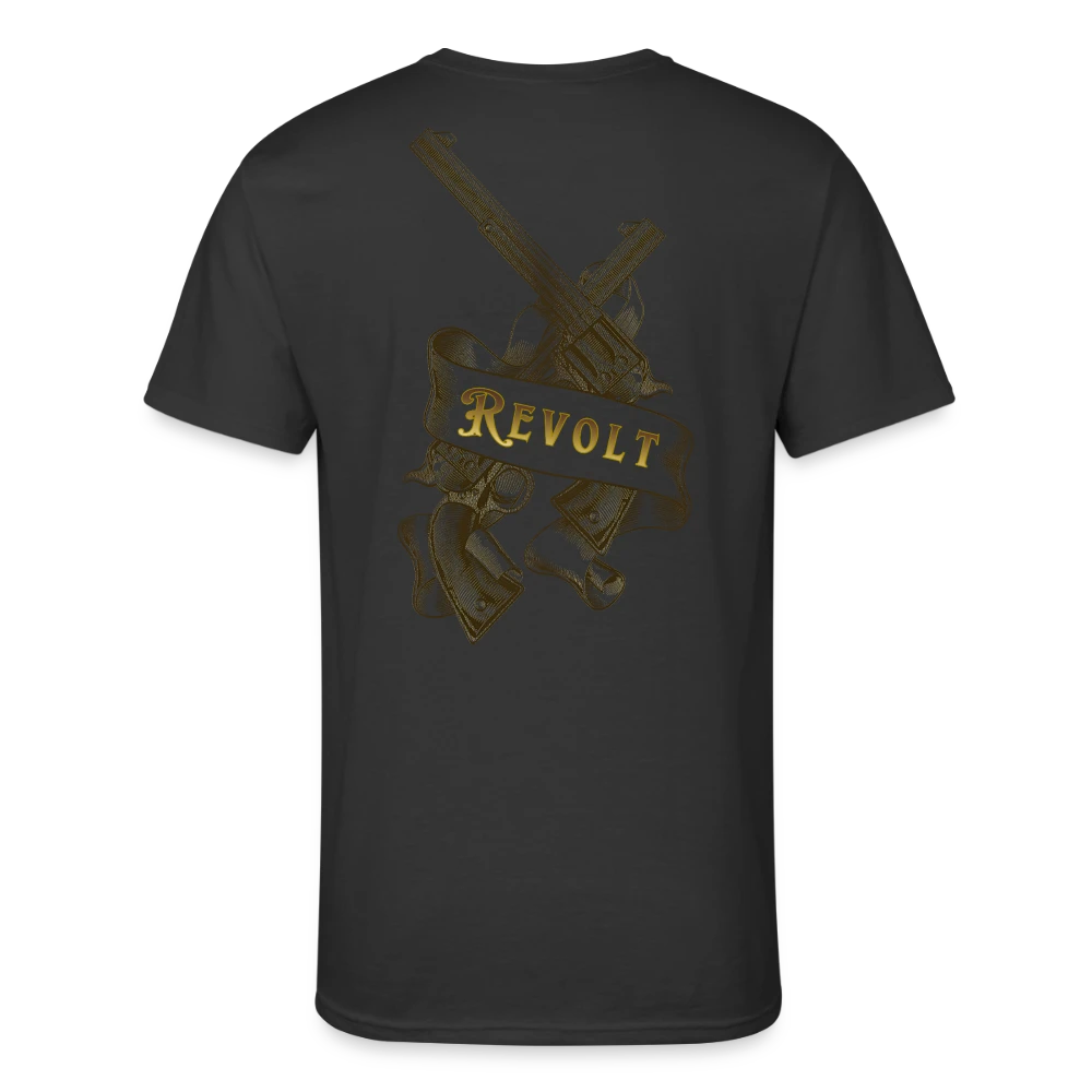 Sonoma Rebel Men’s dark gray 50/50 cotton-polyester t-shirt with gold graphic of crossed revolvers and banner saying REVOLT.