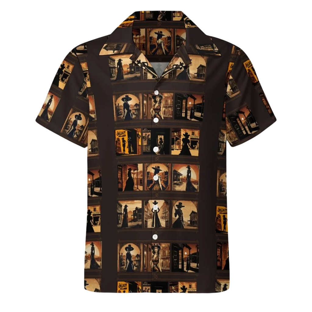 Sonoma Rebel men's short-sleeve Cuban collar shirt in brown with an all-over print of vintage saloon scenes and women in western attire.