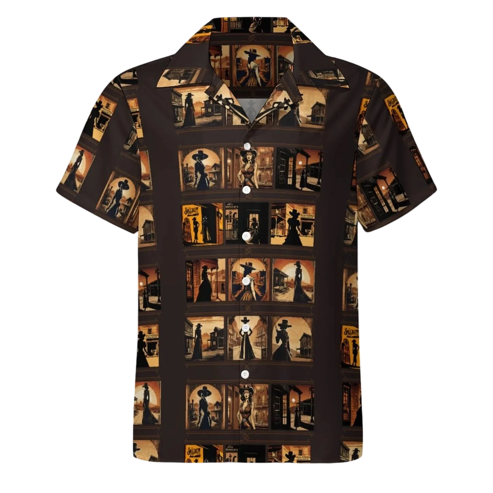 Sonoma Rebel men's short-sleeve Cuban collar shirt in brown with an all-over print of vintage saloon scenes and women in western attire. Main image
