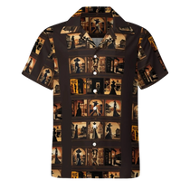 Sonoma Rebel men's short-sleeve Cuban collar shirt in brown with an all-over print of vintage saloon scenes and women in western attire.