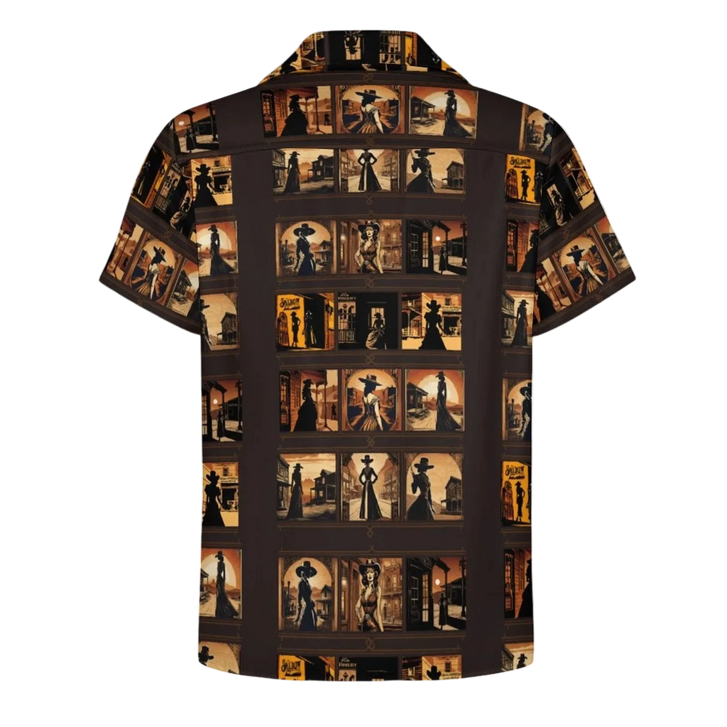 Sonoma Rebel Men's short-sleeve Cuban collar shirt in brown with an all-over print of vintage saloon scenes and women in western attire.